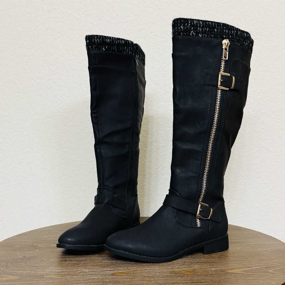 Shoe Dazzle • Black Knee High Riding Boots Gold Zipper Buckle Knit Trim